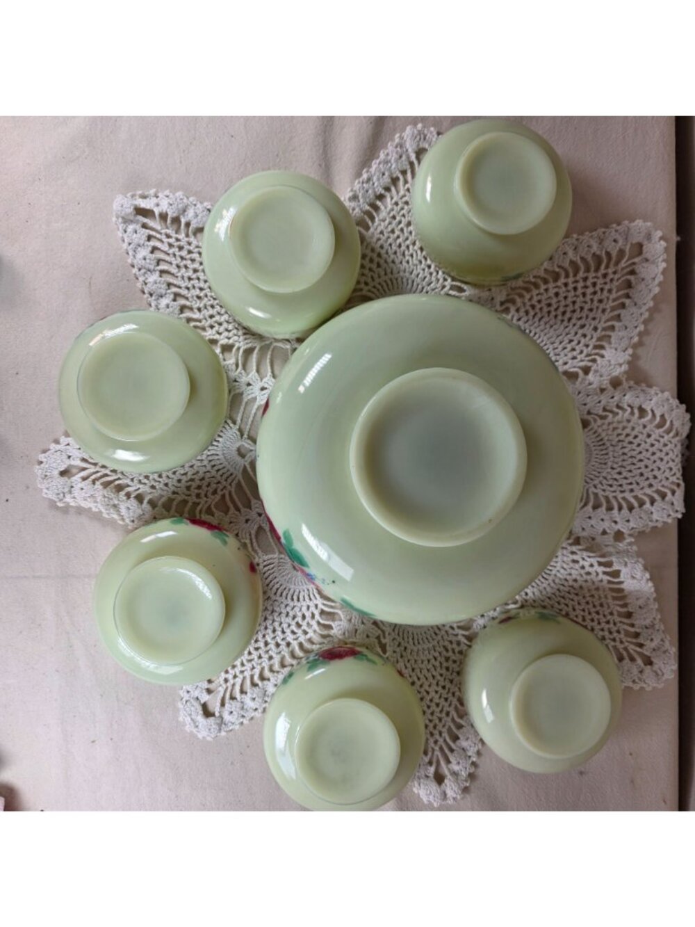 Antique Jefferson Optic Custard Glass Berry Bowl Set 7 Pc Hand Painted Roses Gol - Picture 14 of 15